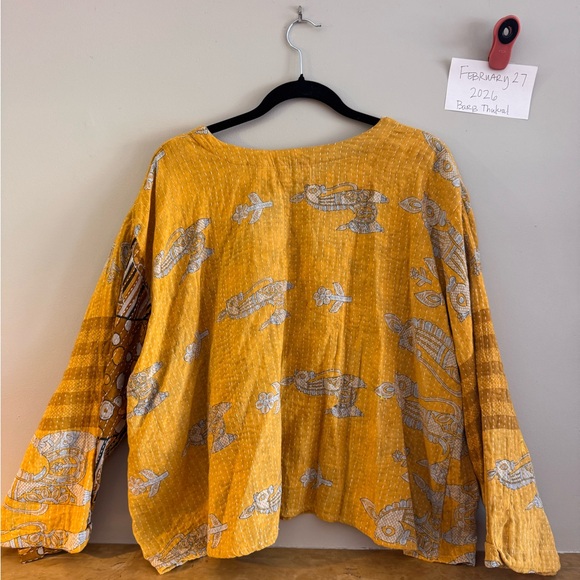 Kantha Bae Wanderer pocket crop. Yellow Patterned Women's Top - Picture 2 of 7